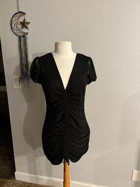 Abound Black Ruched Front Mesh Puff Sleeve Mini Dress Size S